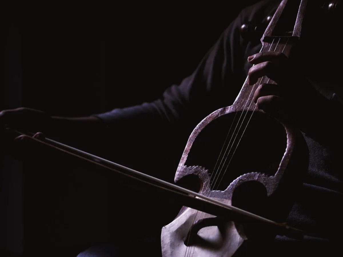 Close-up of hands drawing a bow across a sarangi in low light